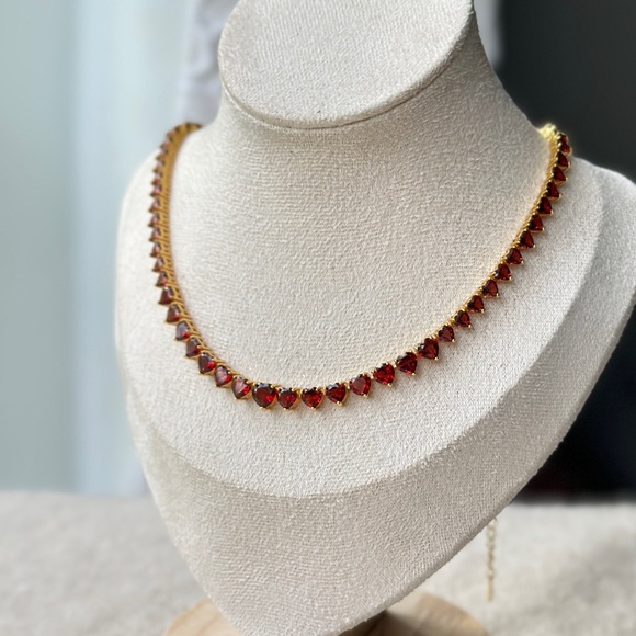 Natural red garnet hearts tennis necklace solid sterling silver